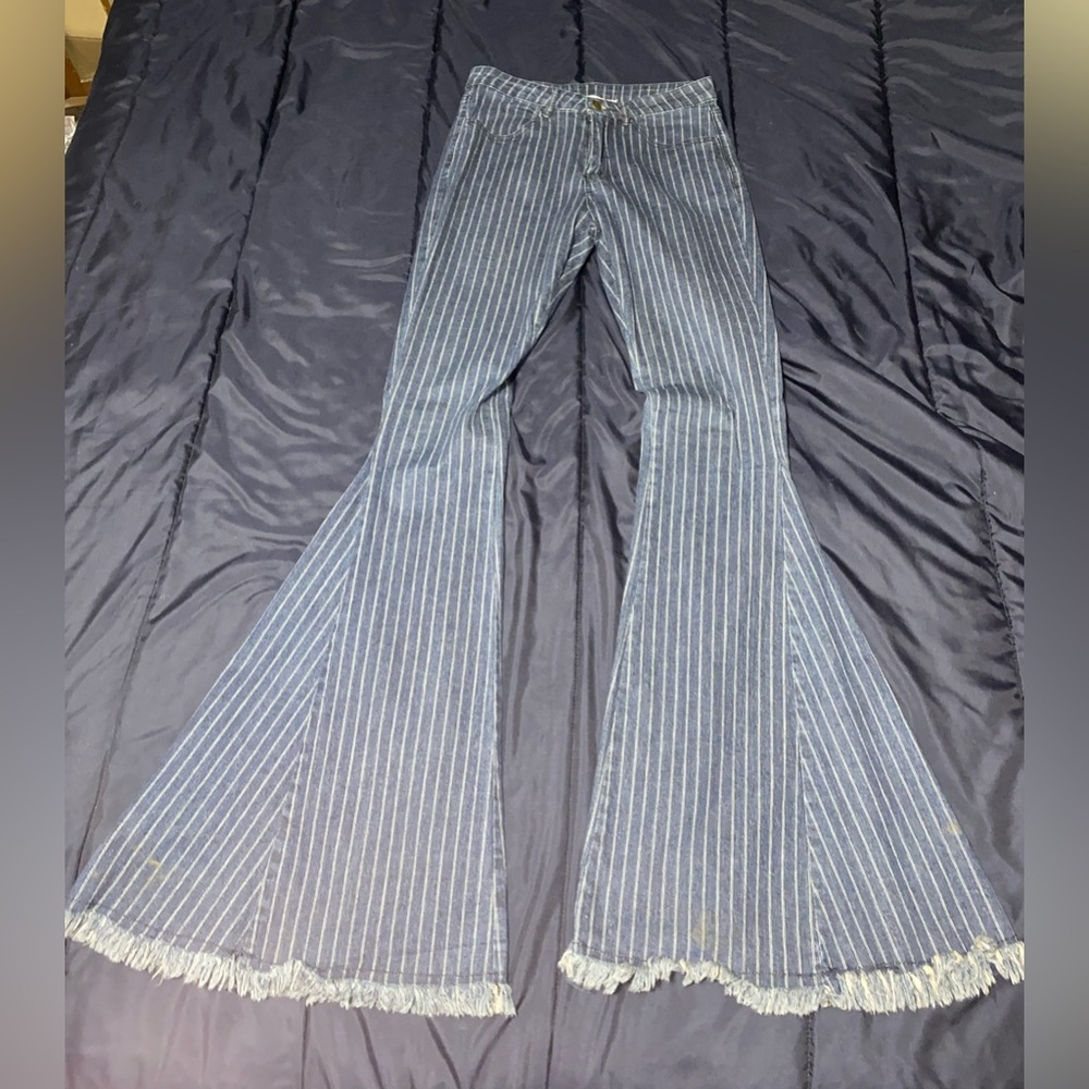 Saints & Hearts Bell Bottoms High Waisted Jeans, Blue w/ tiny white strips, S.